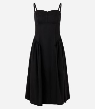 Vestido Midi em Sarja com Recortes Estruturados Preto