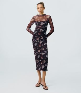 Vestido Midi em Tule com Estampa Floral e Gola Alta Preto