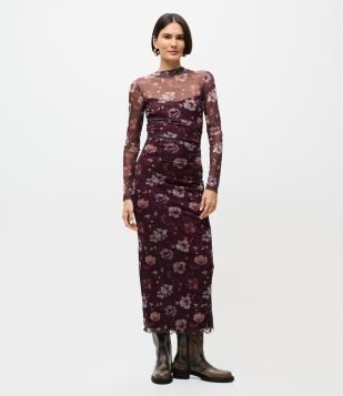 Vestido Midi em Tule com Estampa Floral e Gola Alta Roxo