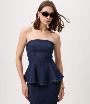 Blusa Tomara que Caia Jeans com Recortes Azul