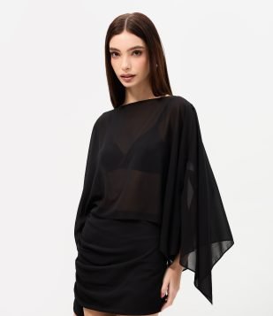 Blusa em Chiffon com Efeito Capa e Decote Canoa Preto