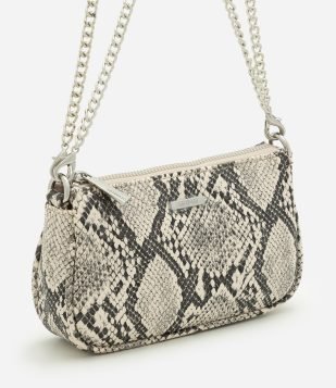 Bolsa Baguete Pequena em PU com Estampa Animal Print Off White