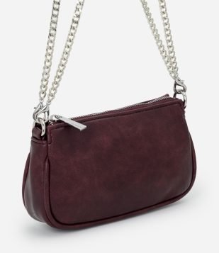 Bolsa Transversal Pequena em PU com Alça em Corrente Vinho