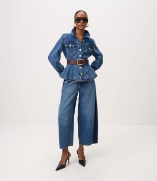 Calça Barrel Jeans com Recortes Laterais e Cintura Alta Azul