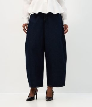 Calça Barrel em Jeans com Cintura Alta Azul Escuro