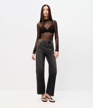 Calça Comfort Reta em Jeans com Brilho Losango e Cintura Baixa Preto