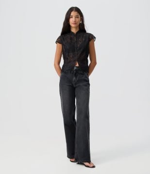 Calça Wide Leg em Jeans Premium com Cintura Média Preto