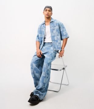 Camisa Boxy em Jeans Jacquard com Zíper Azul