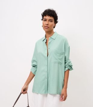 Camisa Oversized em Viscolinho com Punhos Ajustados Verde