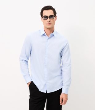 Camisa Regular Listrada em Fibra de Seda Azul
