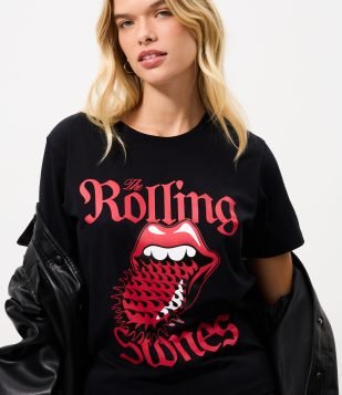 Camiseta Baby Look com Estampa Rolling Stones Preto