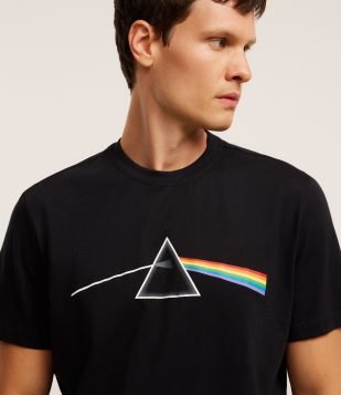 Camiseta Comfort em Algodão com Estampa Pink Floyd Preto