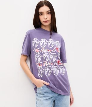 Camiseta em Algodão Rolling Stones com Foil Lilás