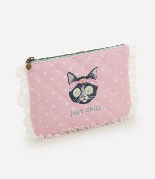 Necessaire Envelope com Estampa de Gato Rosa