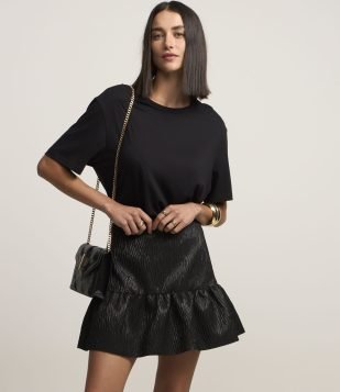 Saia Balonê Curta com Textura Jacquard Preto