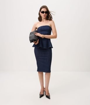 Saia Lápis em Jeans com Fenda Azul Escuro