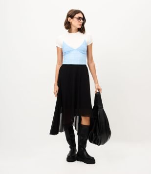 Saia Midi Plissada em Chiffon Preto