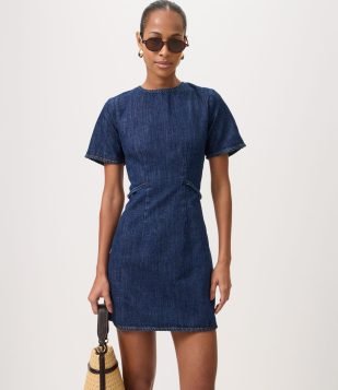 Vestido Curto em Jeans com Detalhe de Corrente Lateral Azul