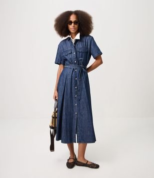 Vestido New Midi em Jeans com Faixa para Amarração Azul