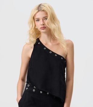 Blusa Assimétrica em Sarja com Ilhós Metálicos Preto