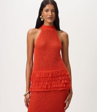 Blusa Halter em Tricô com Franjas Vermelho