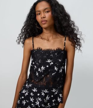 Blusa Peplum Alcinha com Renda Aplicada e Estampa Floral Preto