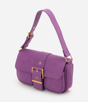 Bolsa Shoulder em Suede com Tampa e Bolsos Frontais Roxo
