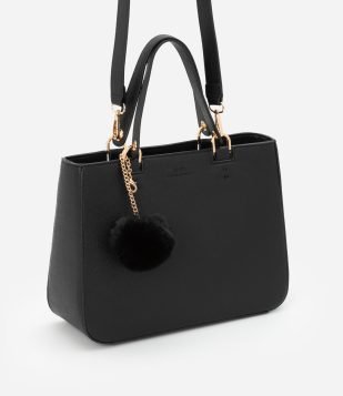 Bolsa Transversal Satchel com Alça de Mão com Pompom Preto