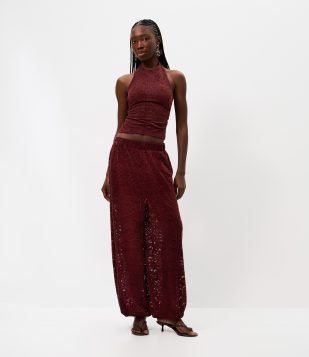 Calça Aladim em Renda com Barra Ajustada Vermelho