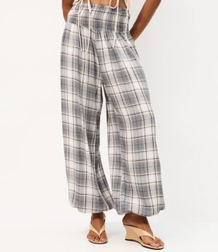 Calça Aladim em Viscose Xadrez Texturizada Cinza
