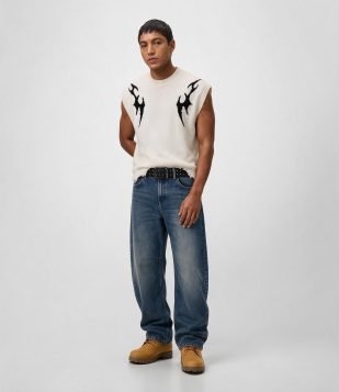 Calça Jeans Baggy com Recortes Curvos Azul
