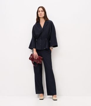 Calça Reta Alfaiatada com Estampa Listrada Azul
