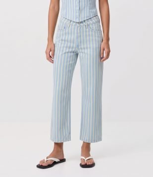 Calça Reta Cropped em Sarja com Estampa Listrada Azul