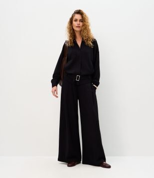 Calça Wide Leg Moletom com Estampa Listrada Preto
