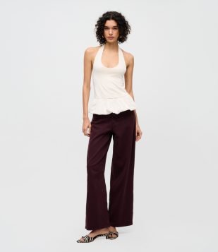 Calça Wide Leg em Sarja com Cintura Baixa Vermelho Escuro