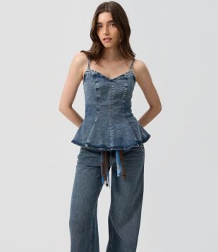 Calça Wide em Jeans com Cinto de Lenço e Miçangas Azul Escuro
