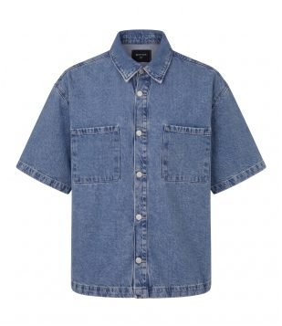 Camisa Boxy em Jeans com Bolsos Marmorizada Azul