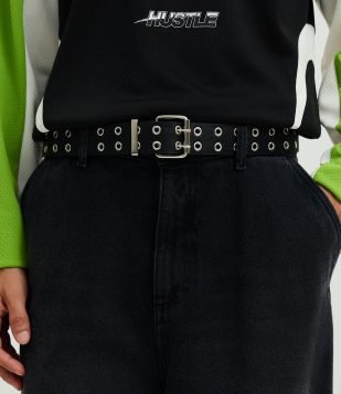 Cinto em PU com Ilhós Estilo Punk Preto