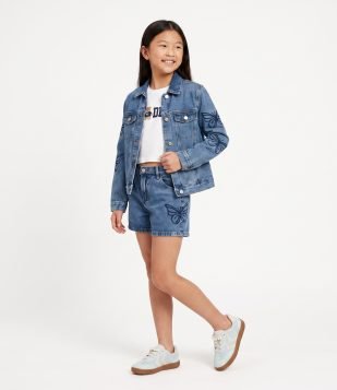 Jaqueta Jeans Infantil com Borboletas Bordadas nas Mangas - Tam 5 A 16 Anos Azul