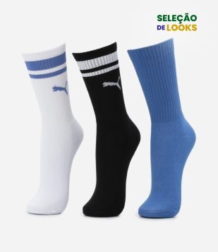 Kit 03 Meias Cano Alto Esportiva em Algodão Puma Azul, Preto e Branco