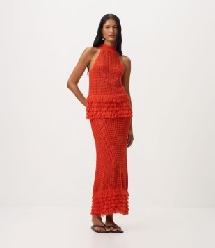 Saia Midi em Tricô com Franjas na Barra Vermelho
