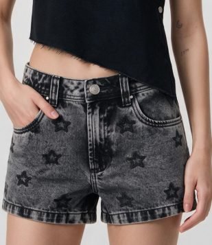 Short Cintura Média em Jeans com Estrelas Bordadas Preto Estonado