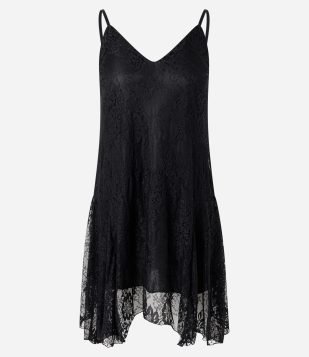 Vestido Curto Assimétrico em Renda com Barra com Transparência Preto