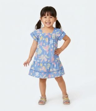 Vestido Infantil Evasê em Tricoline com Estampa Tropical - Tam 1 a 6 Anos Azul