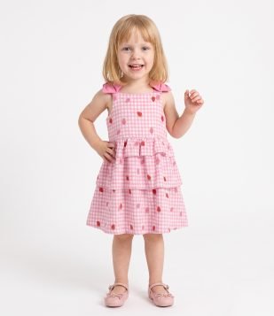 Vestido Infantil Xadrez com Moranguinhos - Tam 1 a 6 Anos Rosa