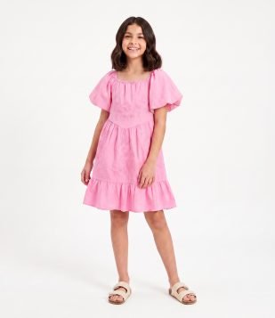 Vestido Infantil com Bordado e Mangas Bufantes - Tam 5 a 16 Anos Rosa