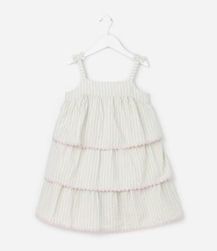 Vestido Infantil com Estampa de Listras e Sianinhas - Tam 1 a 6 Anos Bege