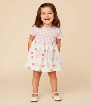 Vestido Infantil com Saia em Estampa de Cerejas e Bolsos Xadrez – Tam 1 a 6 Anos Rosa e Off White