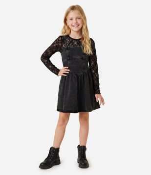 Vestido Infantil em Jeans com Alças Finas e Cintura em V - Tam 5 a 16 Anos Preto