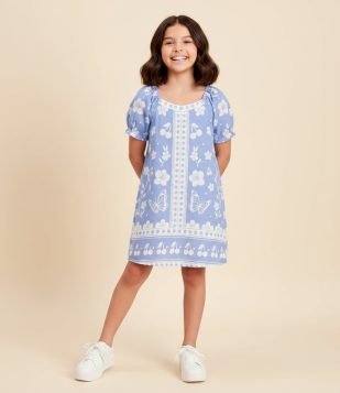 Vestido Infantil em Viscolinho com Estampa Tropical – Tam 5 a 14 Anos Azul e Branco